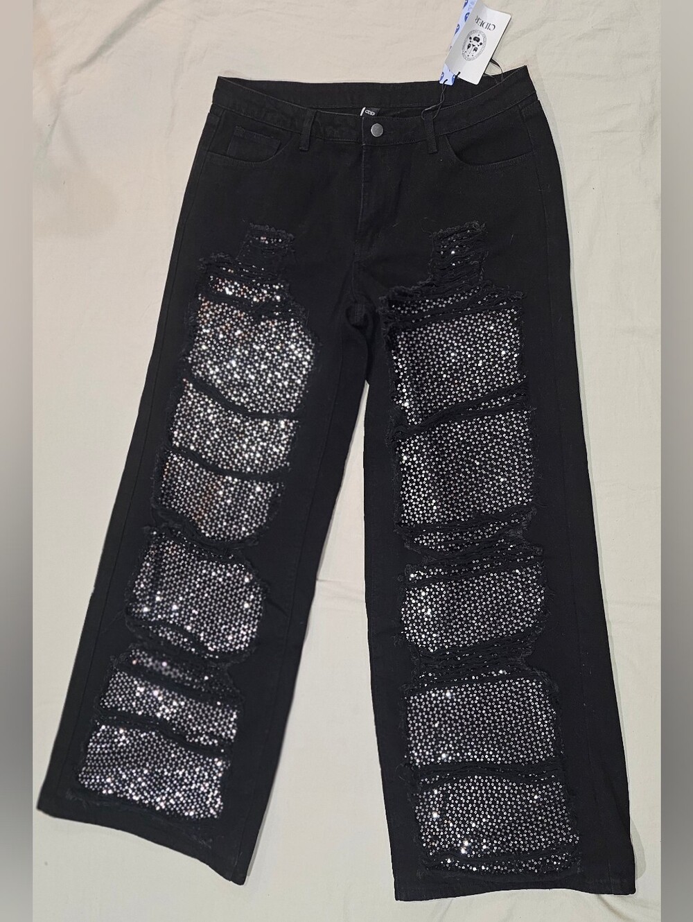Cider Women’s Black Sequin Patch Distressed Jeans Size Large